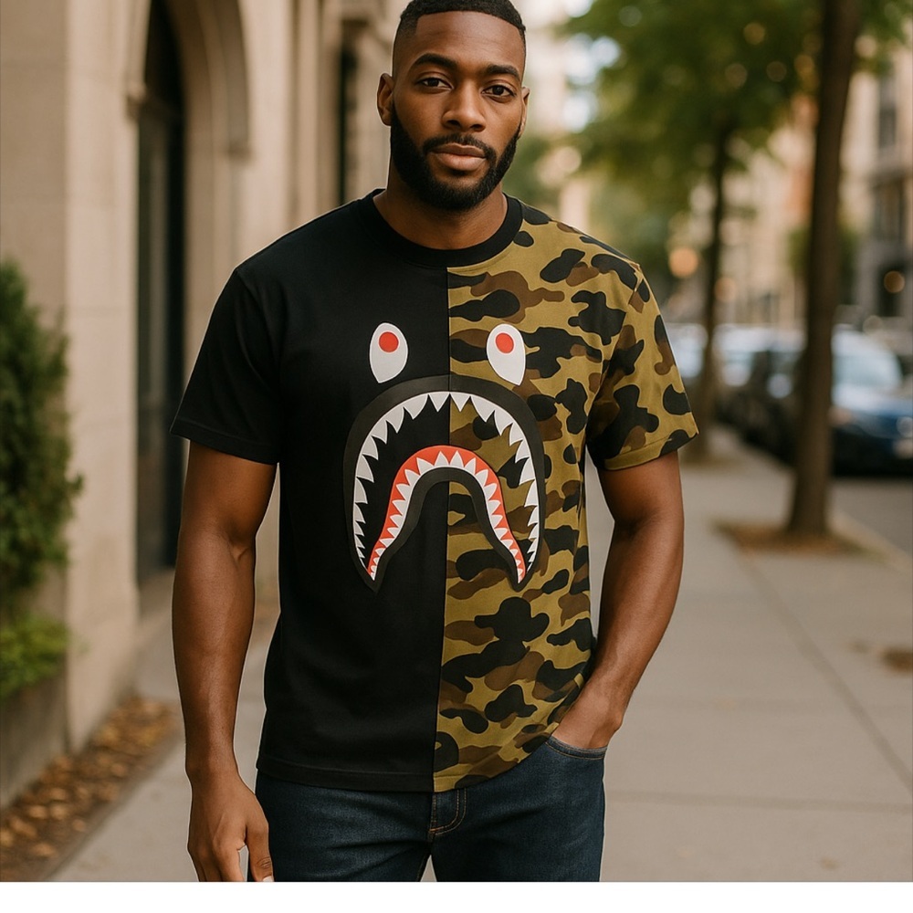 Bathing Ape Men's  Black and Camouflage Babe Shark Split Print Graphic T-Shirt